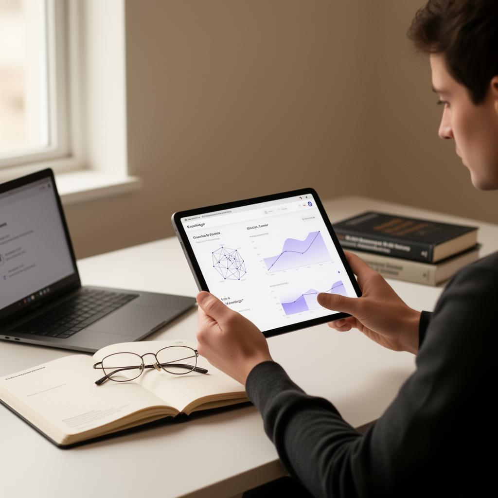 A PhD researcher reviewing an AI-powered research dashboard on a tablet